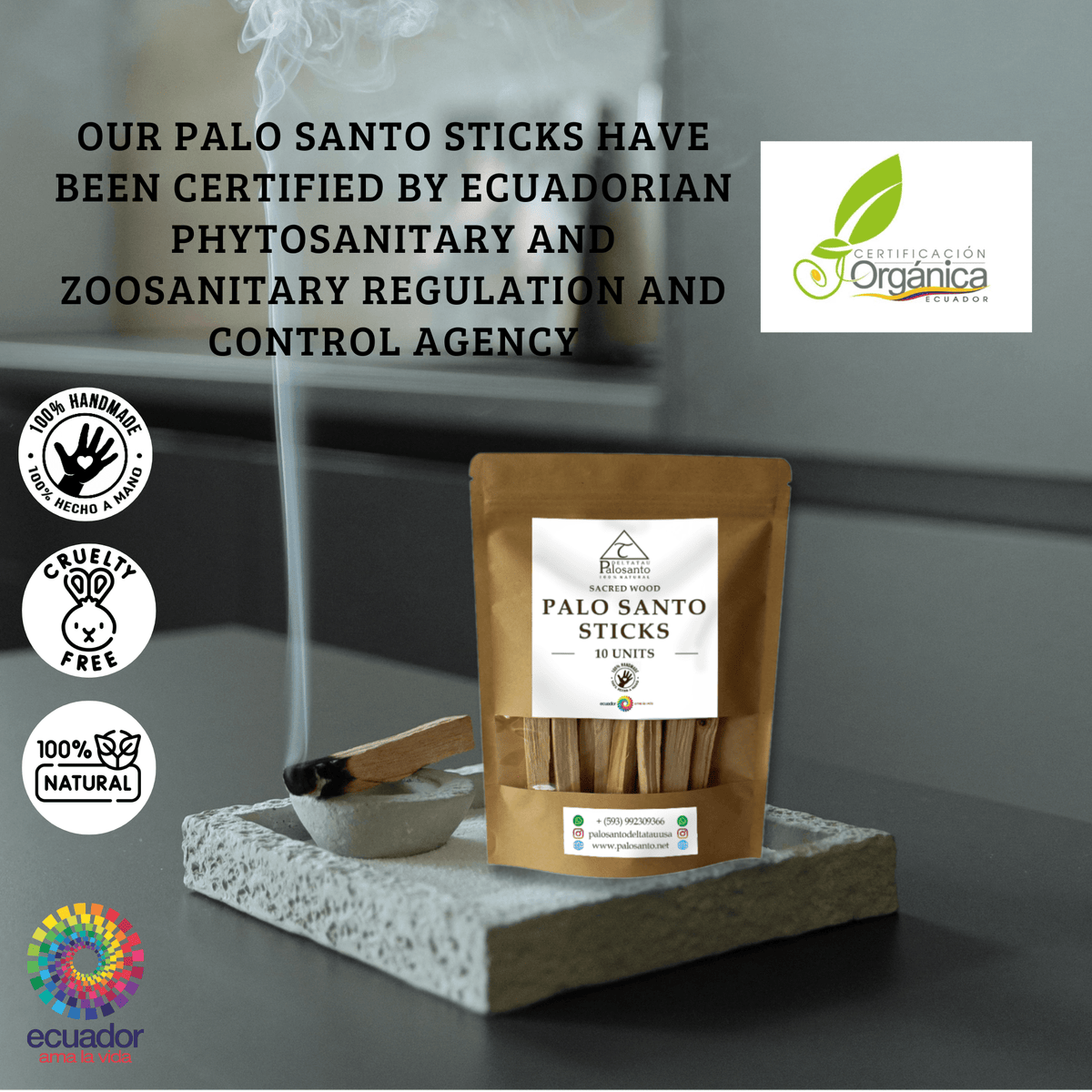 Sellos de calidad Palo Santo: 100% natural, producto ecuatoriano, cruelty free y hecho a mano.